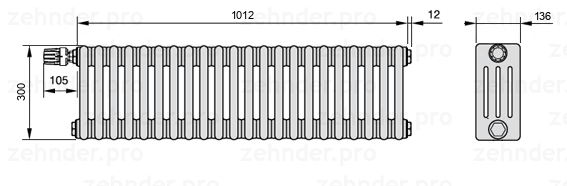 Схема (чертеж) Радиатор Zehnder Charleston 4030/22 №V012 Белый глянцевый RAL 9016